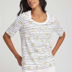 Chico's‎ Striped Leopard Print Slub Knit Top Short Sleeve Scoop Neck Casual